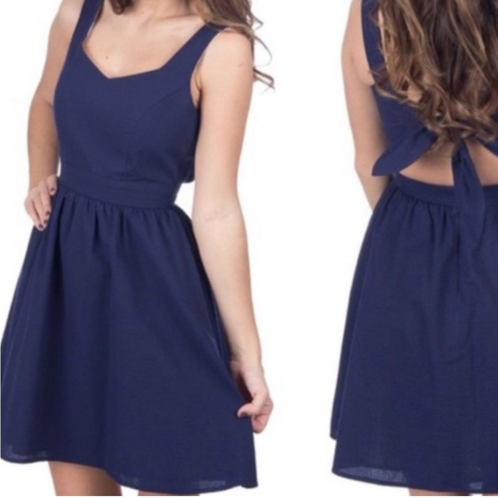 Lauren James Navy Tie-Back Seersucker Dress NWT